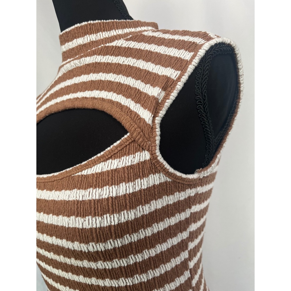 Urban Rose Brown White Striped Smocked Cutout Mock Neck Bodysuit Small 10891 - Picture 7 of 16
